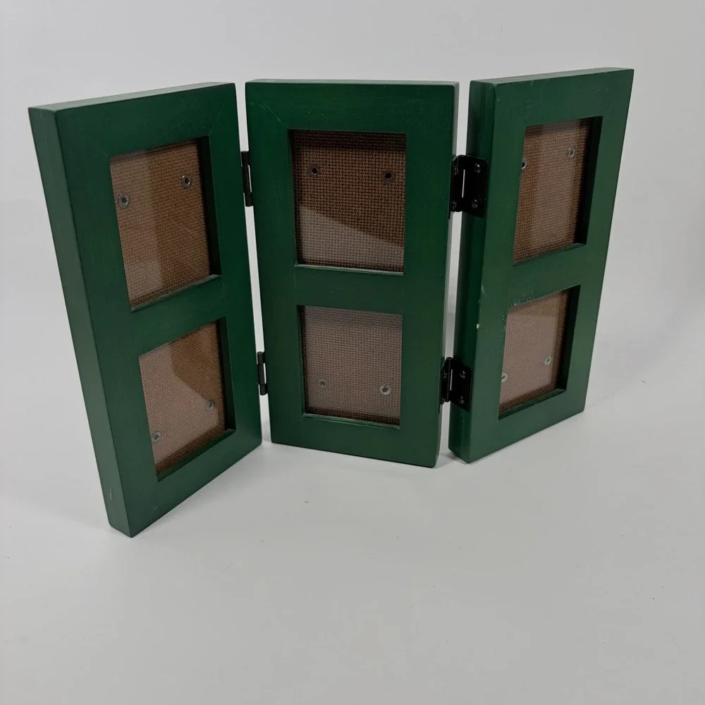 Green Wood Tri-Fold Picture Frame 6 Opening Hinged Cottagecore Tabletop Decor
